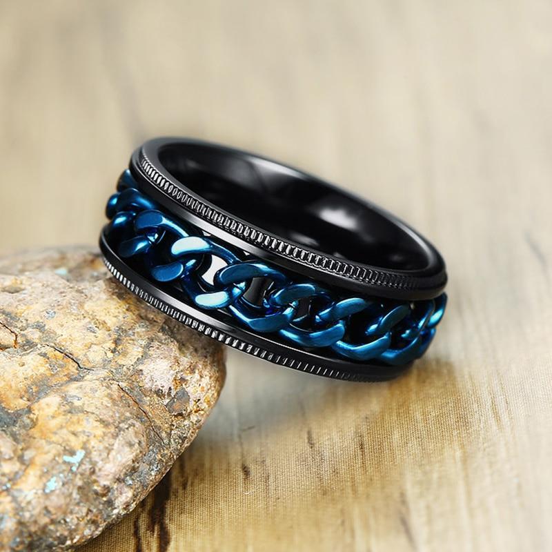 Blue Black Stainless Steel Rotatable Spinner Mens Ring