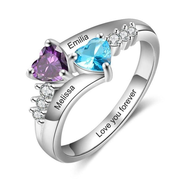 Personalized 925 Sterling Silver Womens Ring - 2 Birthstones + 3