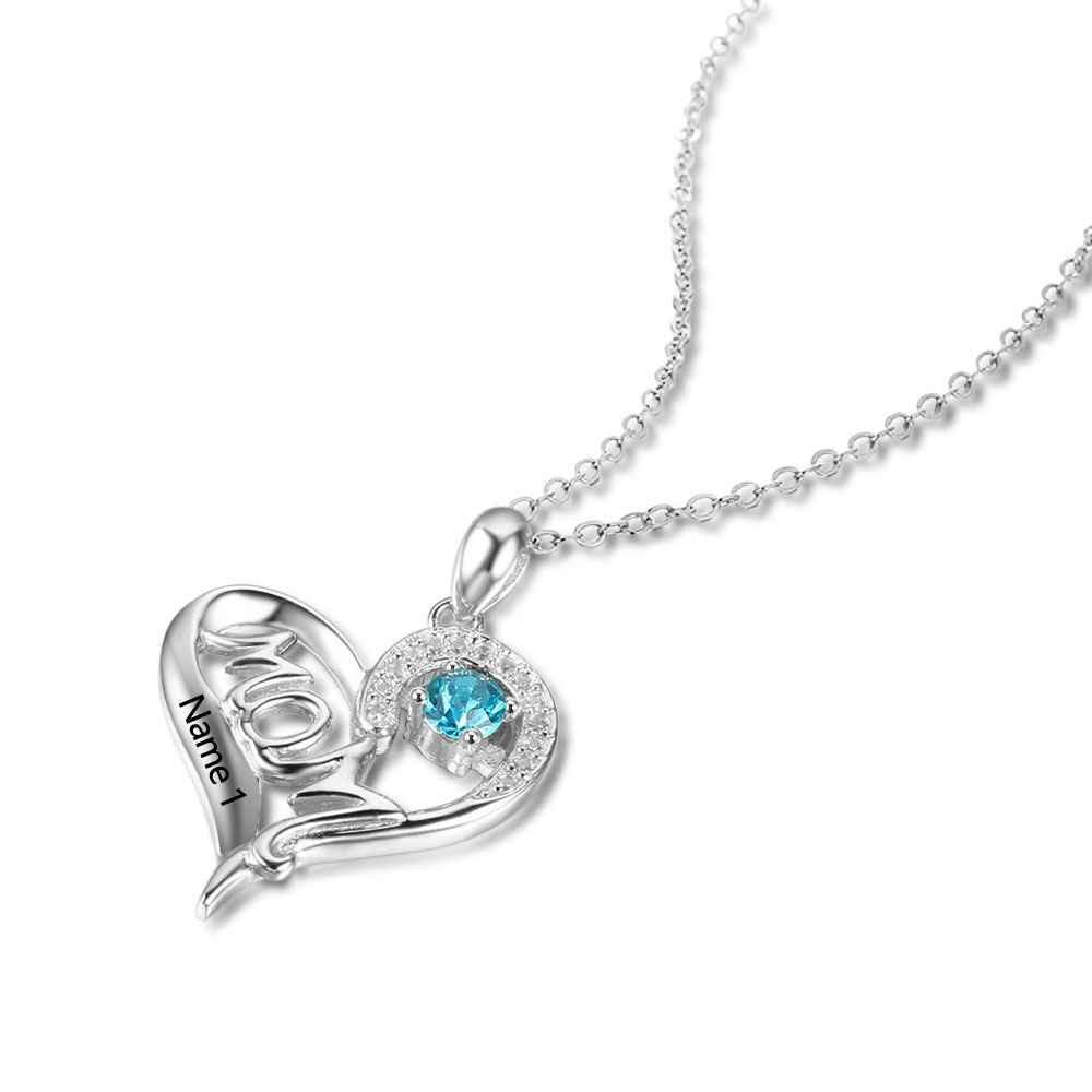 Mom Personalized 925 Sterling Silver Heart Necklace - 1 Name & 1 Birthstone