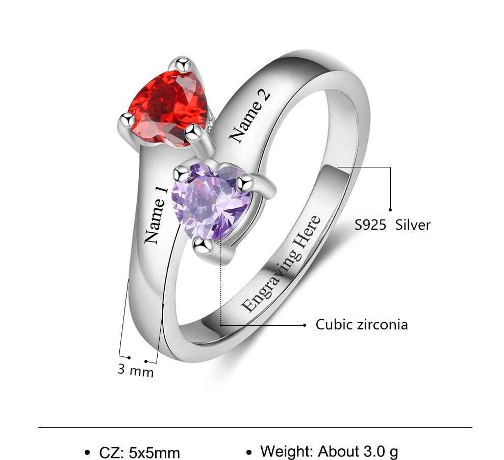 Pair Of Hearts 925 Sterling Silver Womens Ring - 2 Birthstones & 3