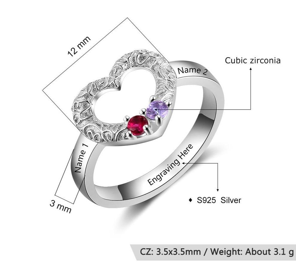 Personalized 925 Sterling Silver Heart Ring - 2 Birthstones & 3