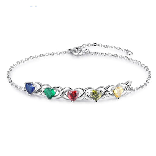 Personalized Hearts Birthstone Womens Bracelet - 2 to 7 Engravings & Birthstones