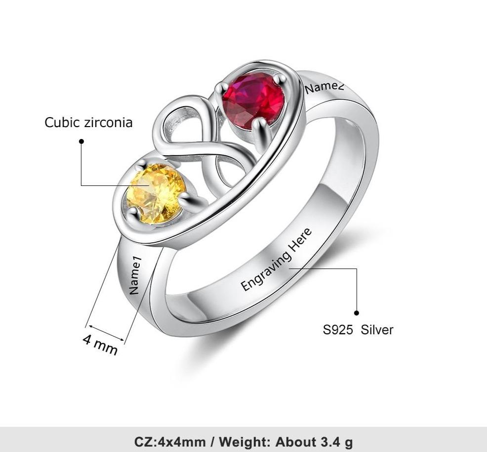 Personalized Infinity 925 Sterling Silver Ring - 2 Birthstones & 1
