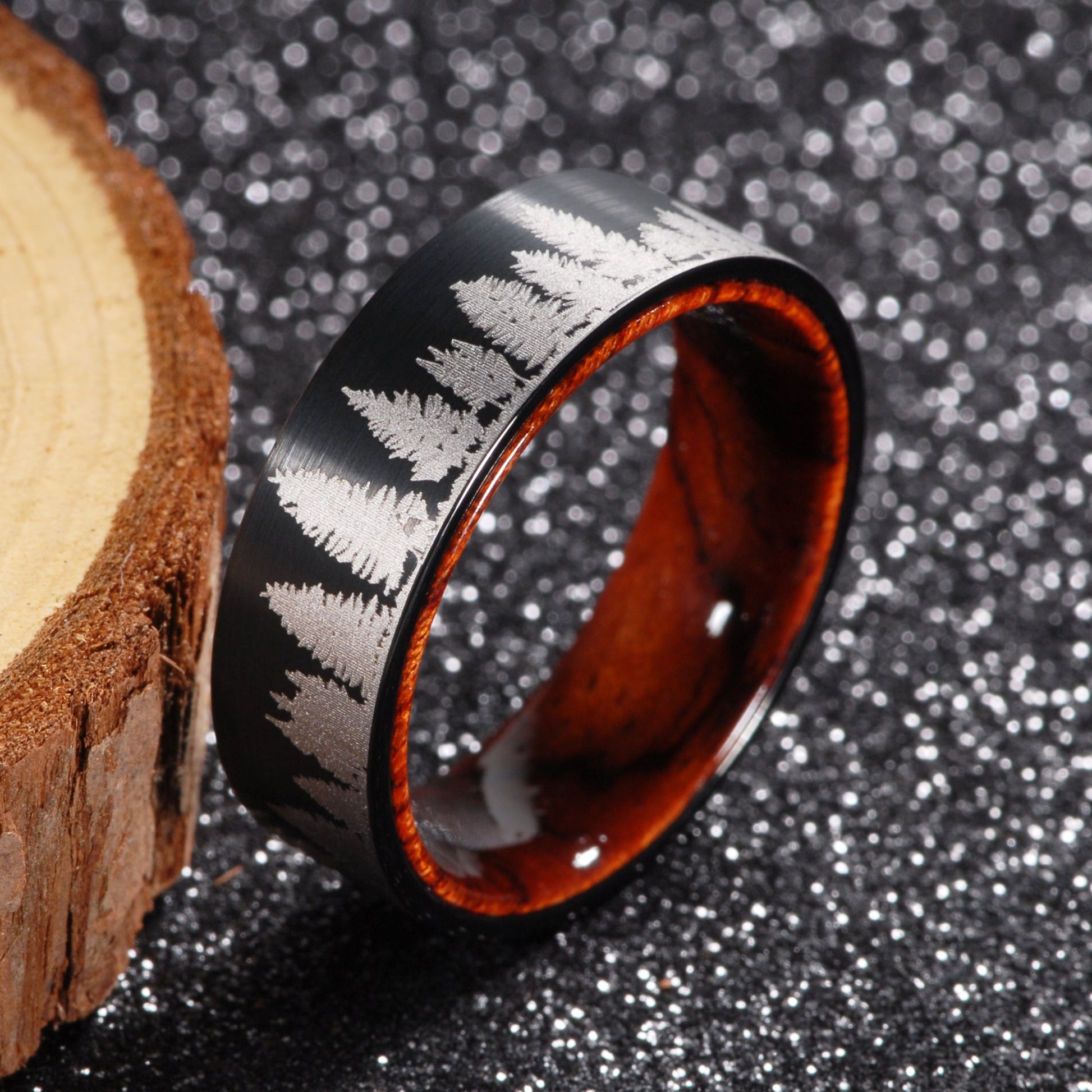 8mm Forest Trees Silver Tungsten Rosewood Unisex Ring