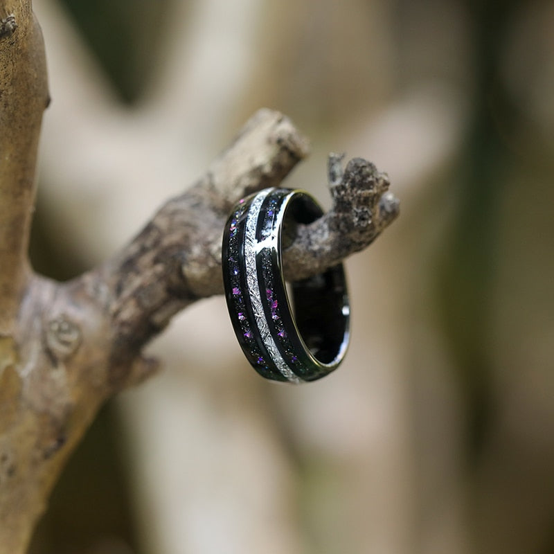 Mens meteorite ring with galaxy opal inlay. newest