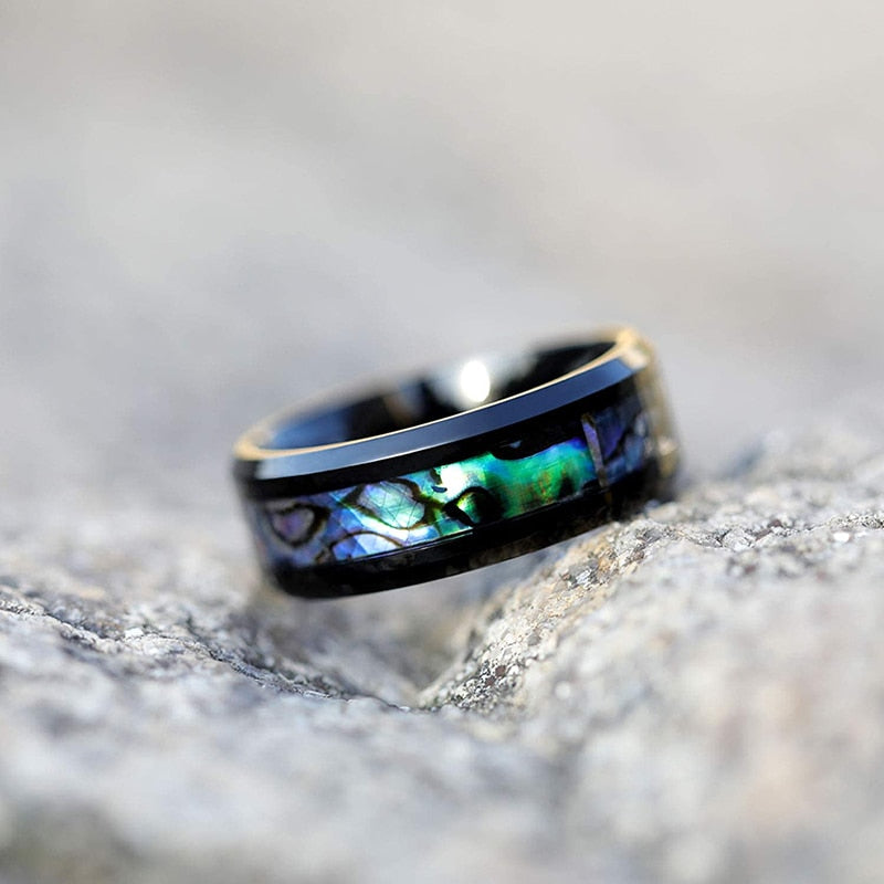 8mm Abalone Shell Inlay Titanium Unisex Rings